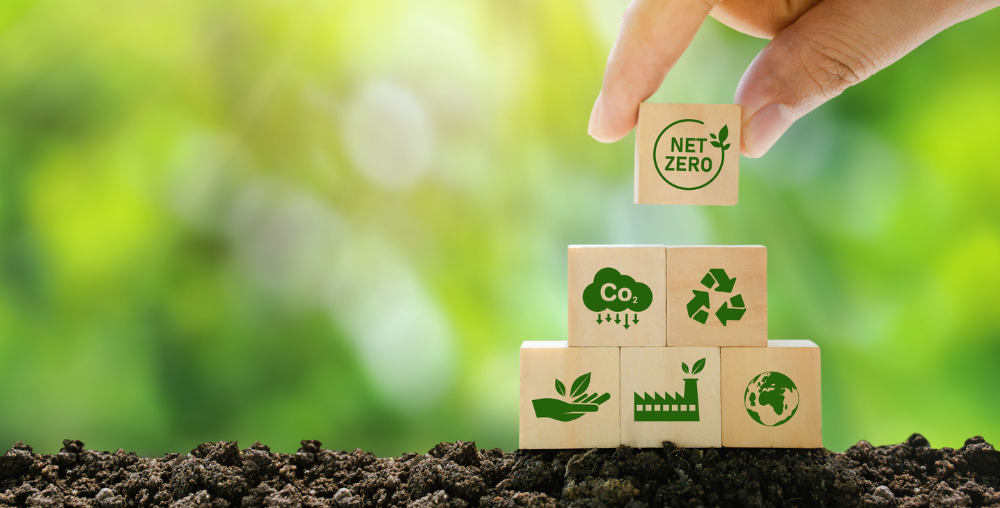 Green sustainability icons including Net Zero on wooden blocks with a green background