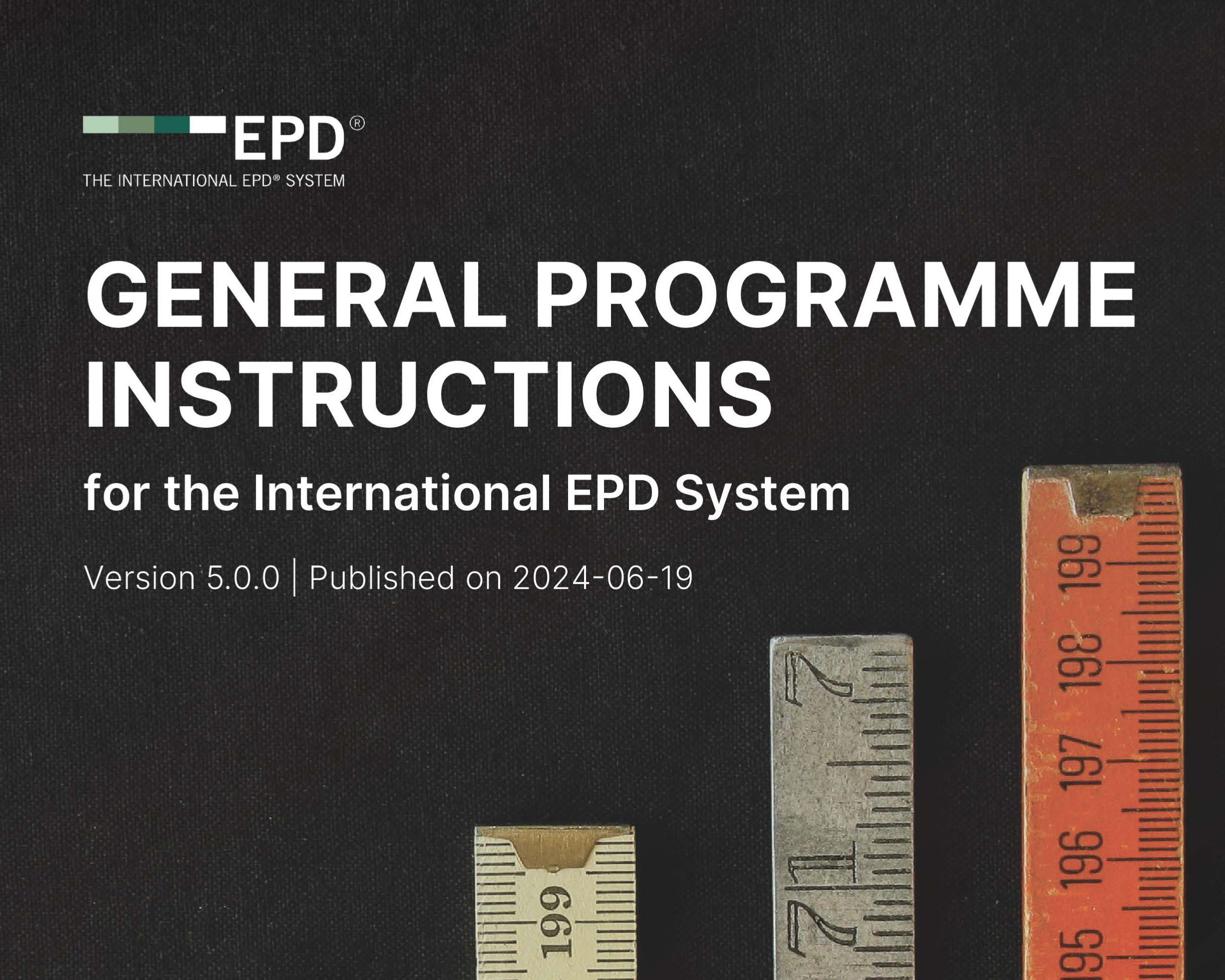 Brochure cover for the General Programme Instructions for the International EPD System Version 5.0.0. A black cover with rulers on it